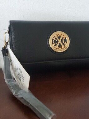 CXL by Christian Lacroix Bali Caviar Black Small Clutch Wrislet Gold Medallion